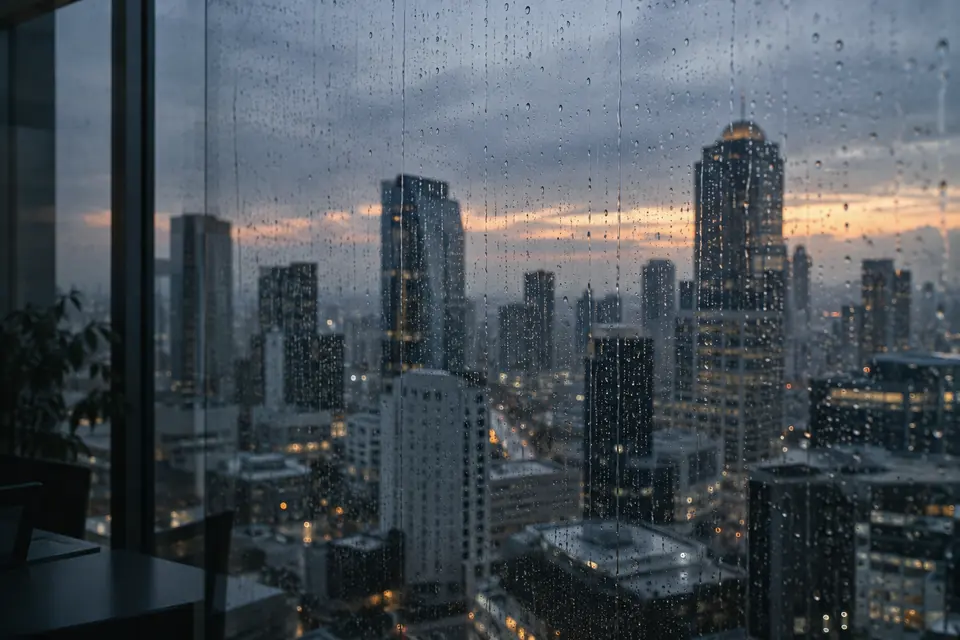 Rain on an office window overlooking Sandton at dawn
