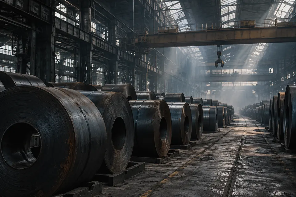 Rows of steel coils in a mill warehouse